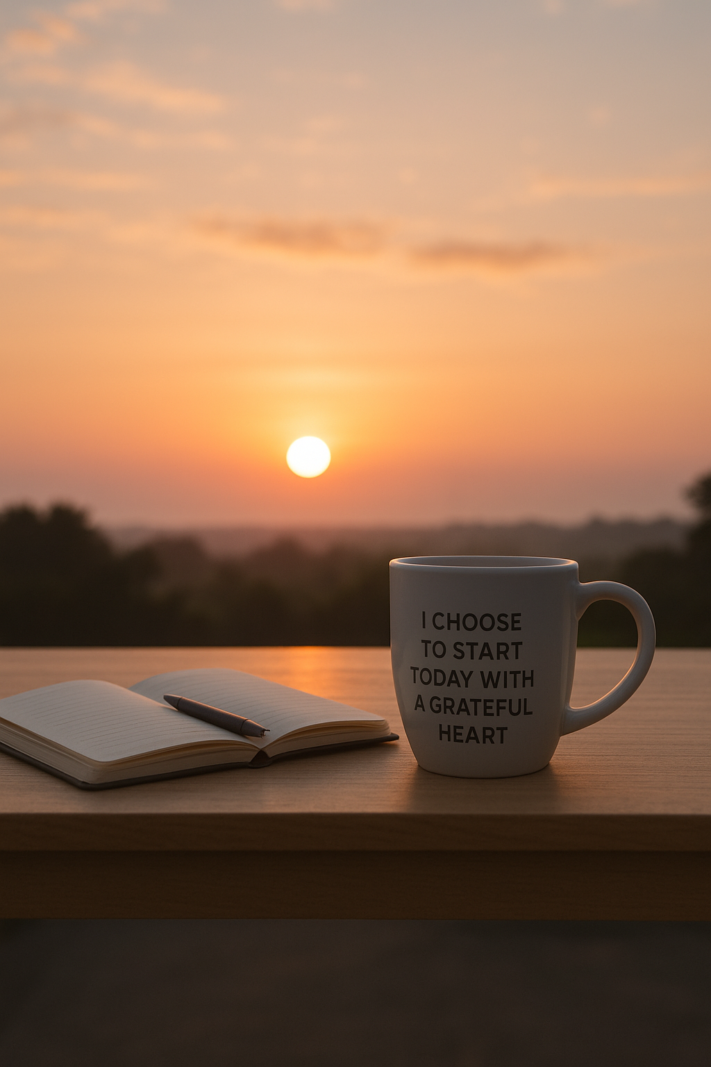 Sunrise with a warm mug and journal on a table