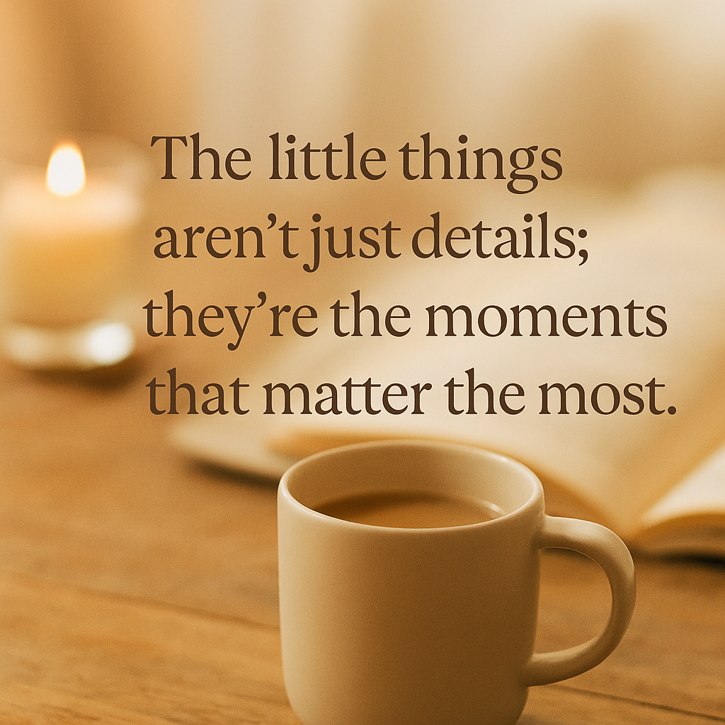 Inspirational quote graphic with a cozy background of a warm drink, candle, and open book. Text reads: “The little things aren’t just details; they’re the moments that matter the most.” Branded with the mymoodmart logo.