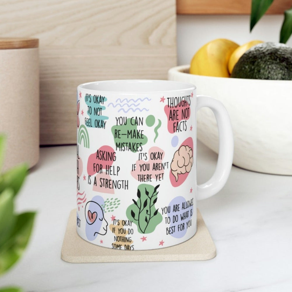Bohemian Ceramic Mug – Self-Love & Positive Affirmations Coffee Cup (11oz, White)