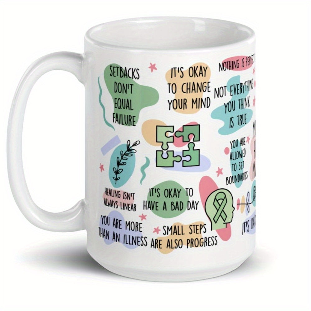 Bohemian Ceramic Mug – Self-Love & Positive Affirmations Coffee Cup (11oz, White)