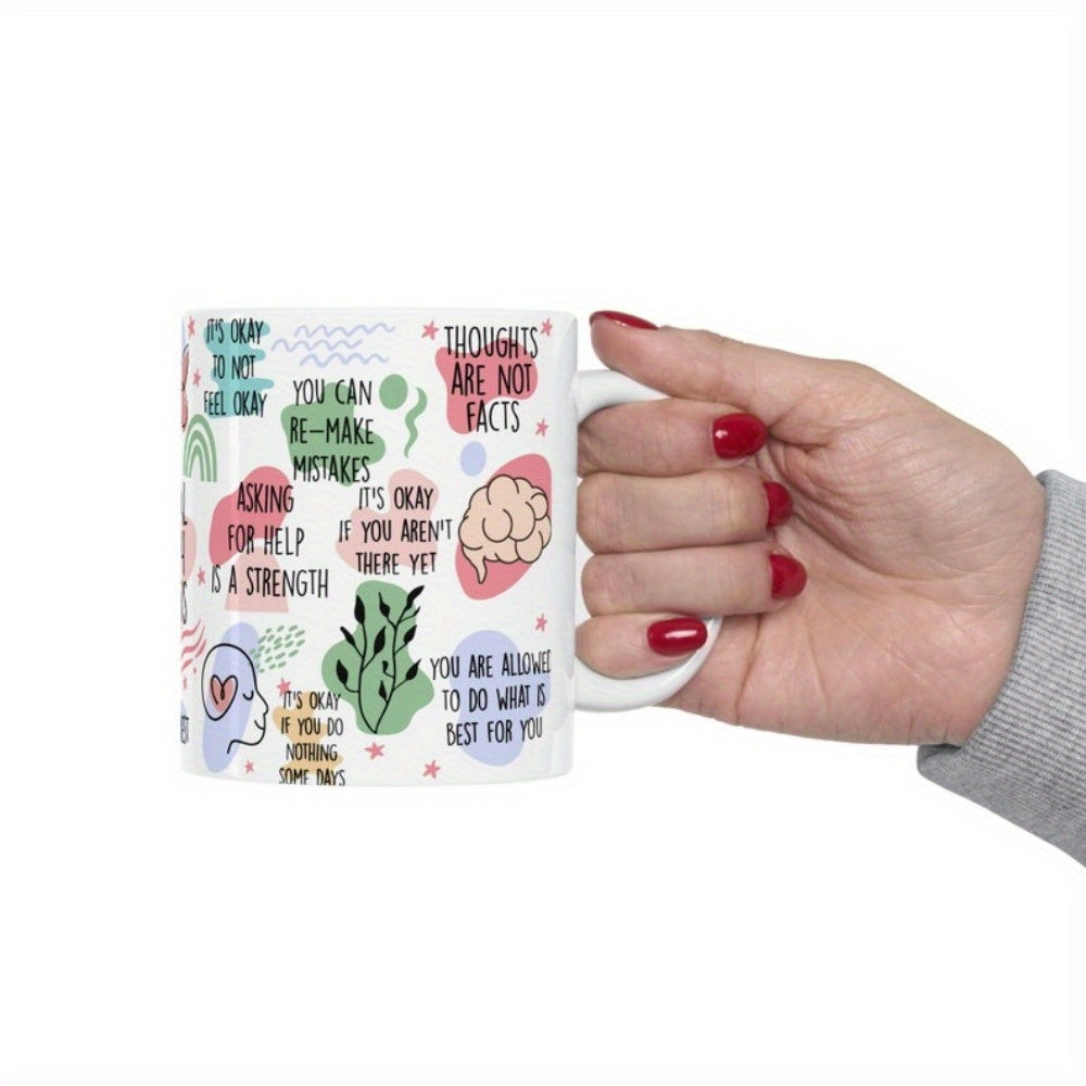Bohemian Ceramic Mug – Self-Love & Positive Affirmations Coffee Cup (11oz, White)