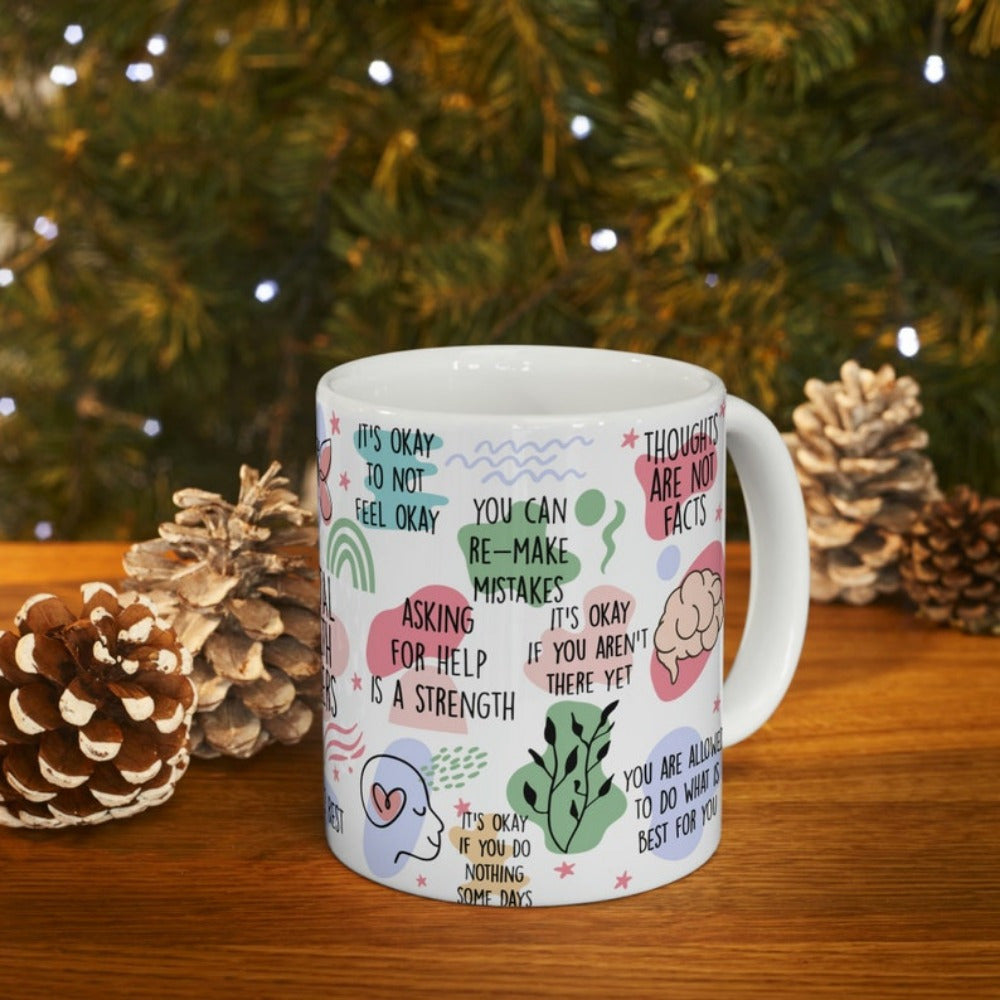 Bohemian Ceramic Mug – Self-Love & Positive Affirmations Coffee Cup (11oz, White)